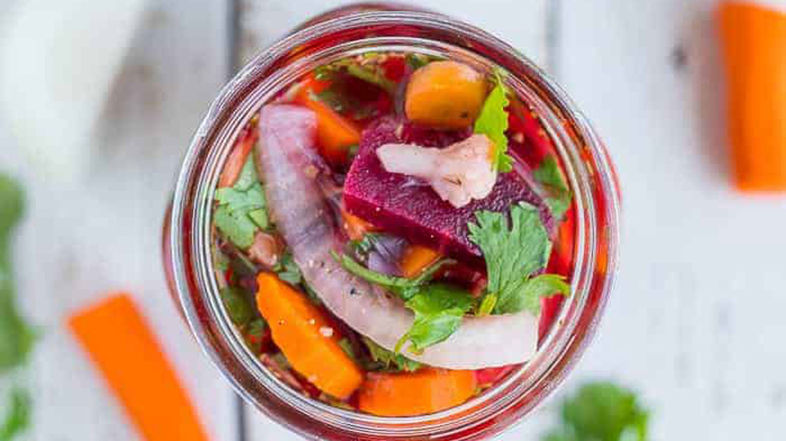 Pickled vegetables in a jar.