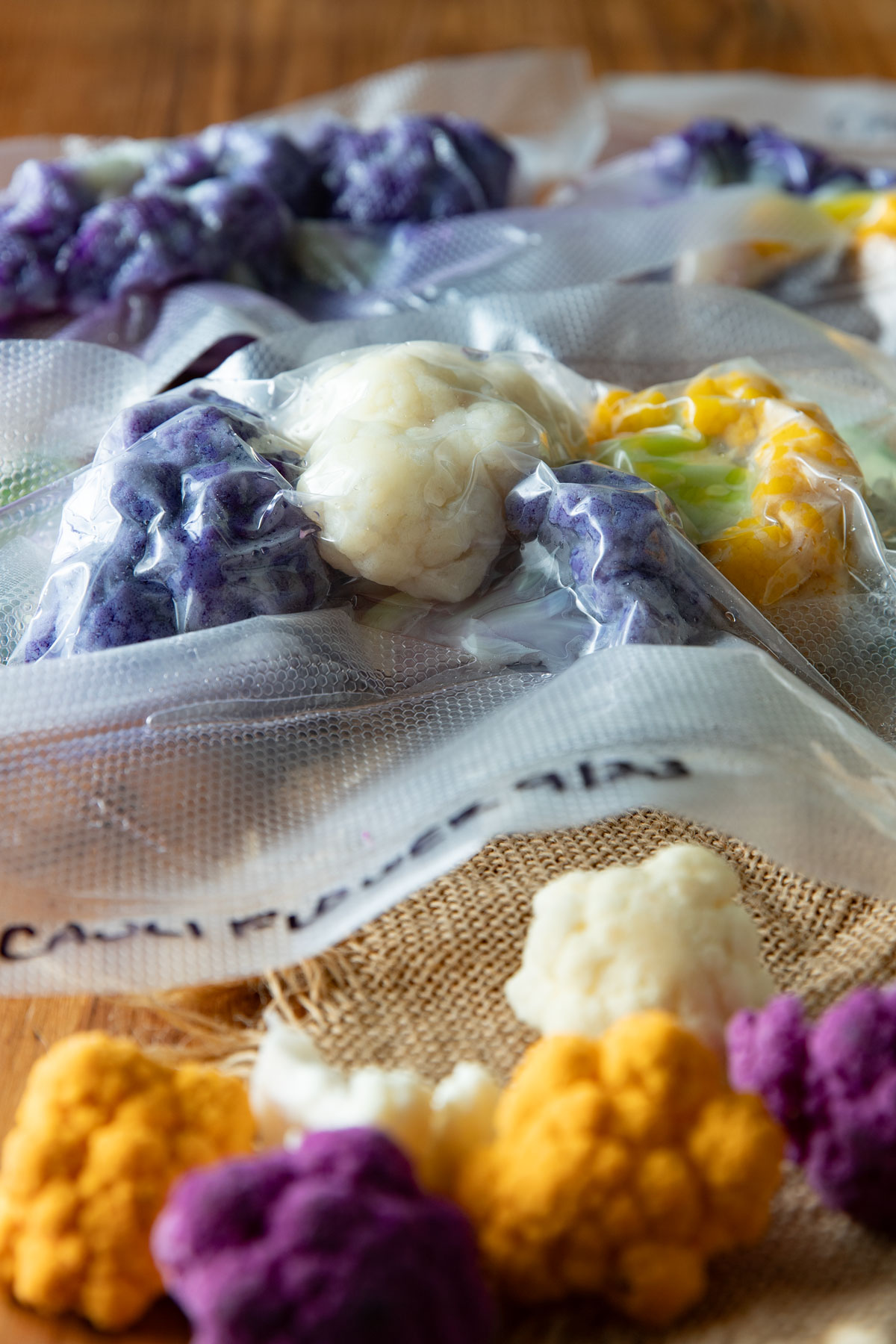 Close up of vacuum packed frozen cauliflower.