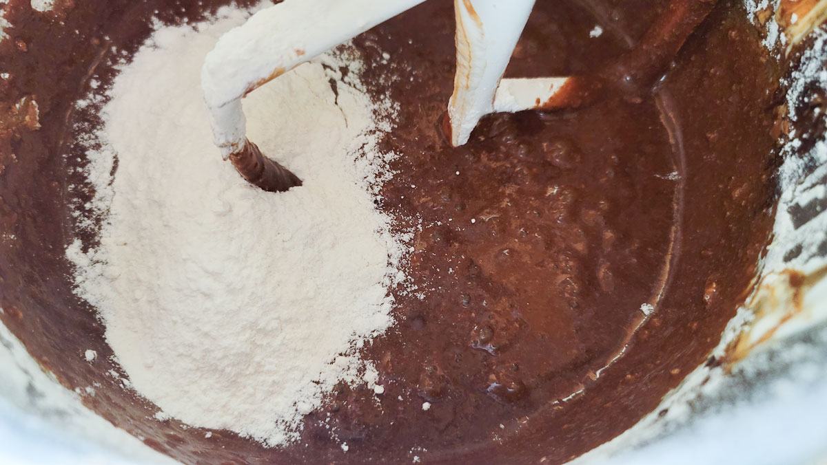 Dry ingredients added to the wet ingredients.