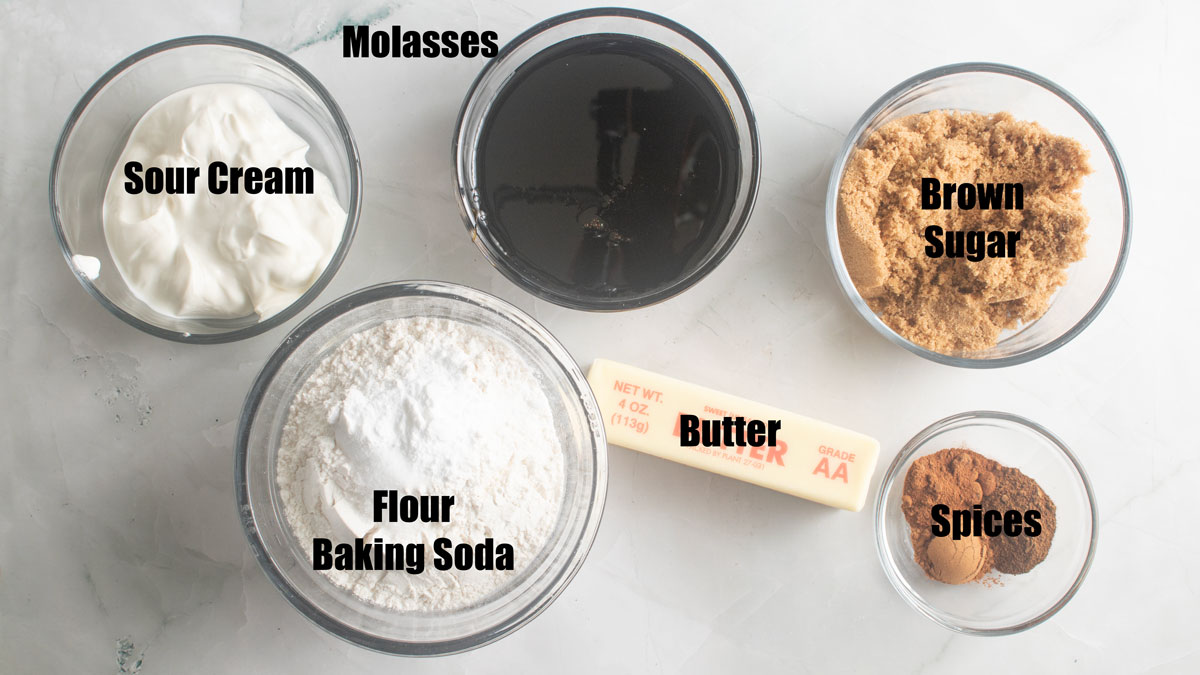 Ingredients for molasses cookies. See details in recipe below.