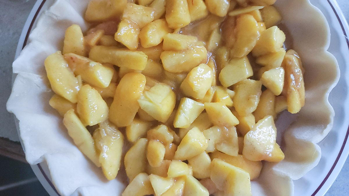 Filling added to prepared pie crust.