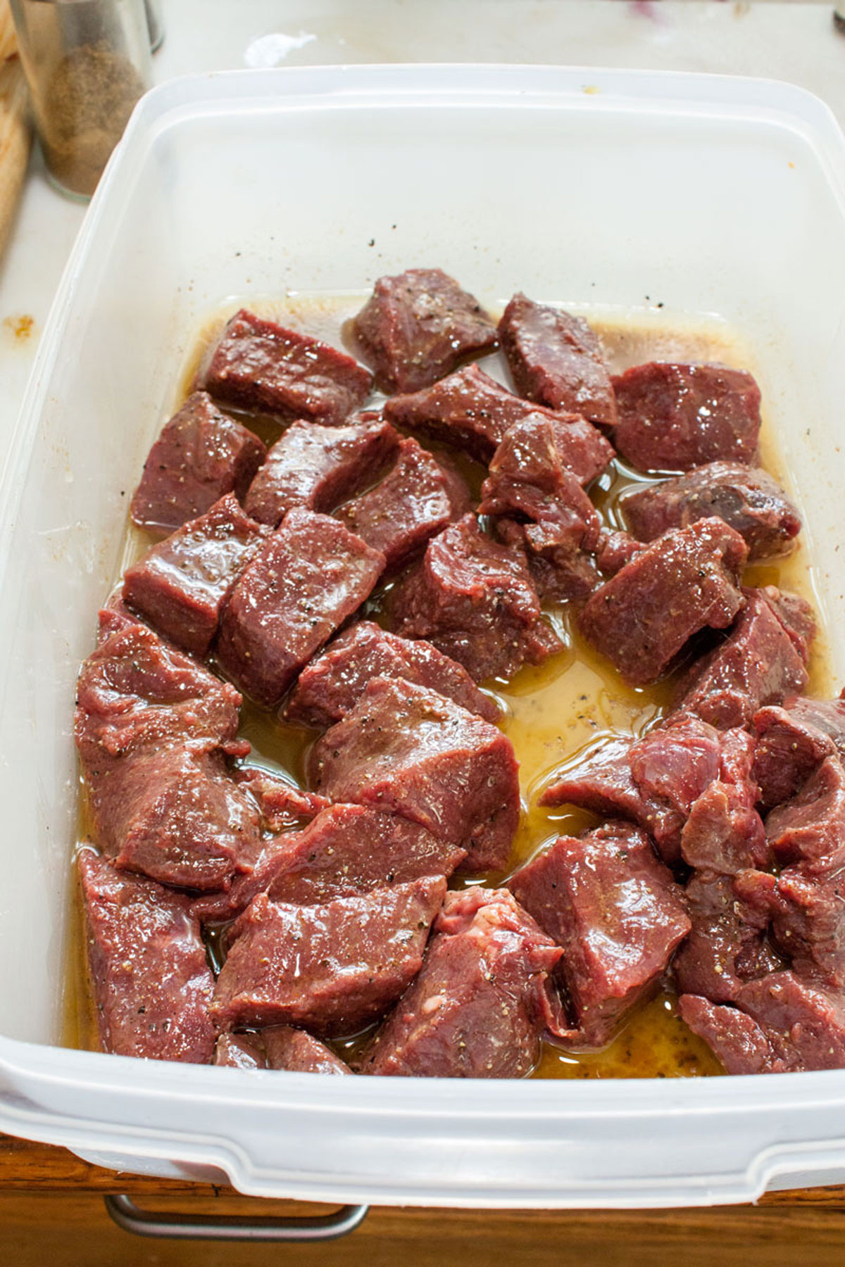 Meat added to the marinade.