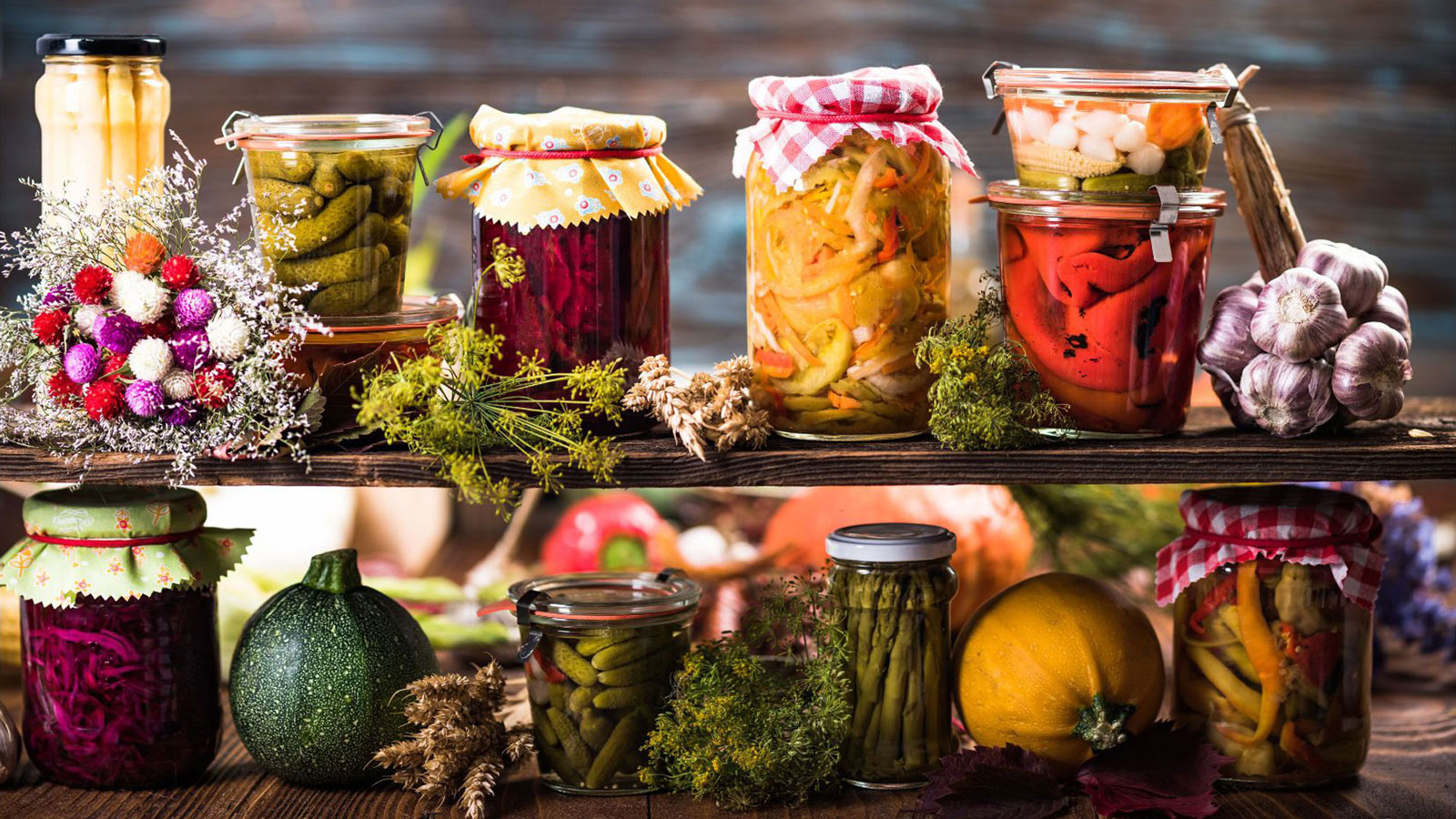 Jars of colorful pickles.