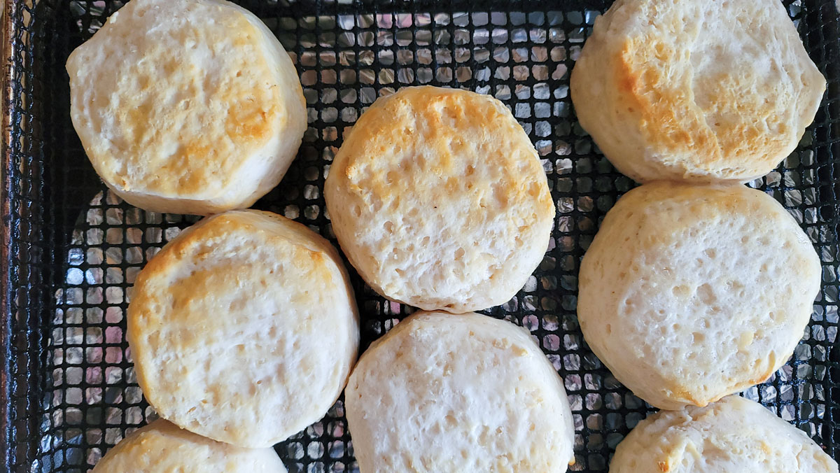 Biscuits slightly browned in basket.