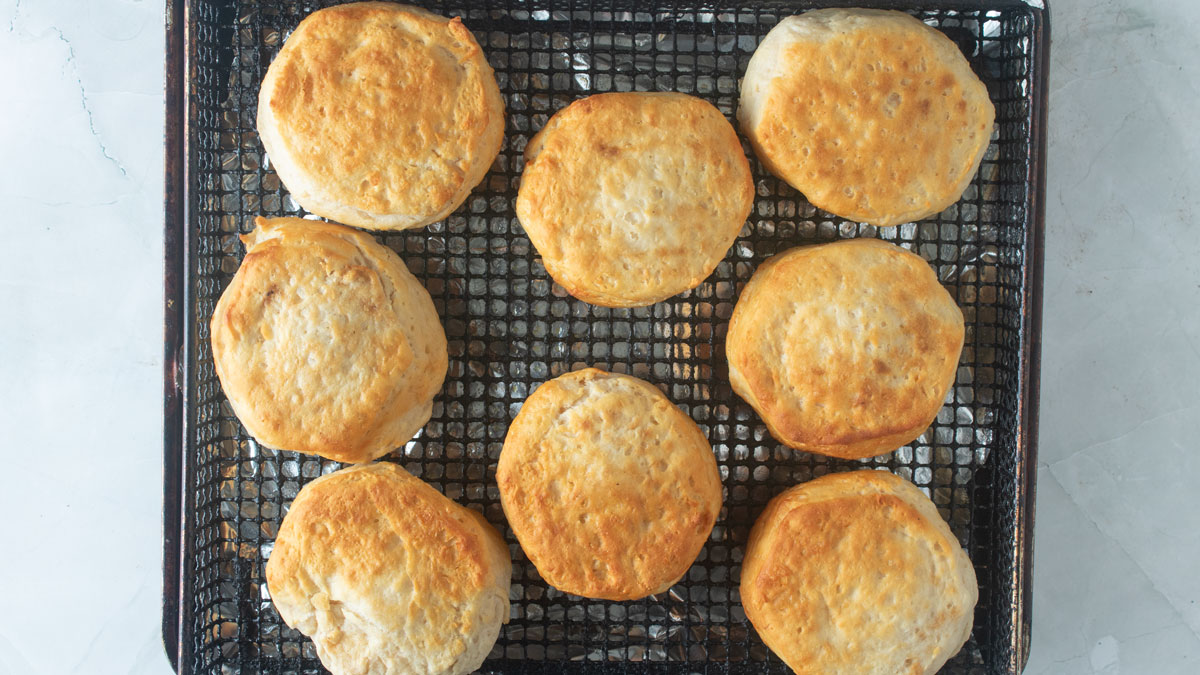 Golden brown biscuits on the basket.