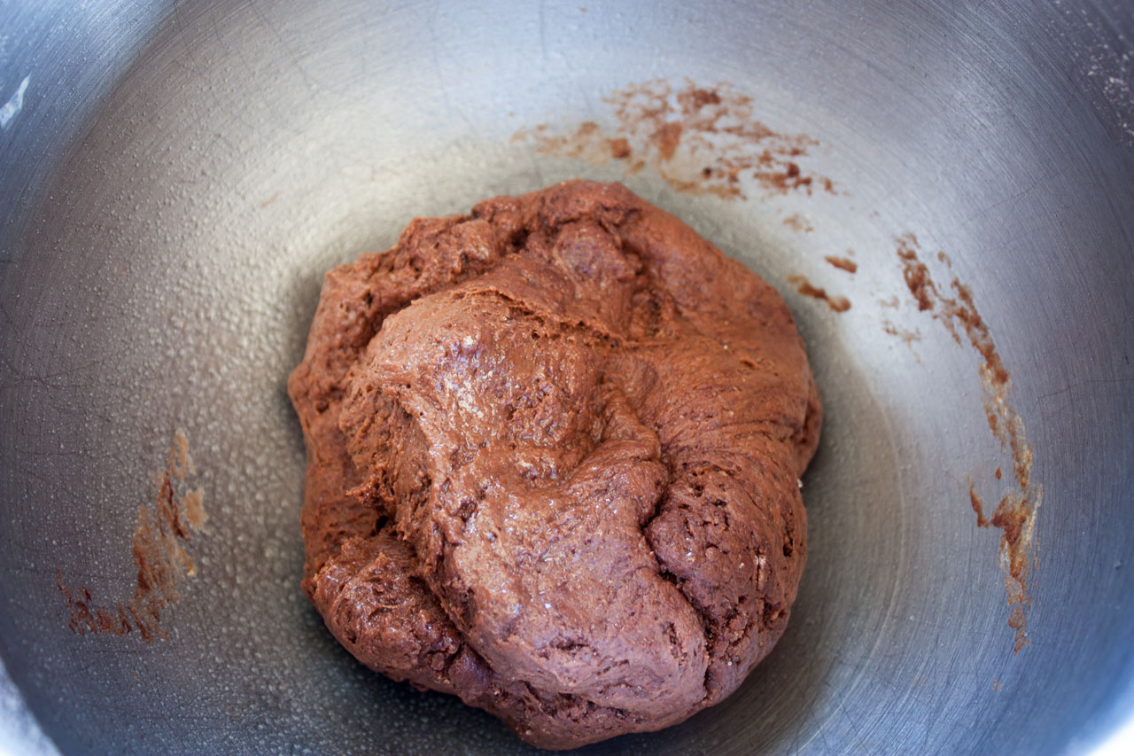 Dough after rising in a bowl.