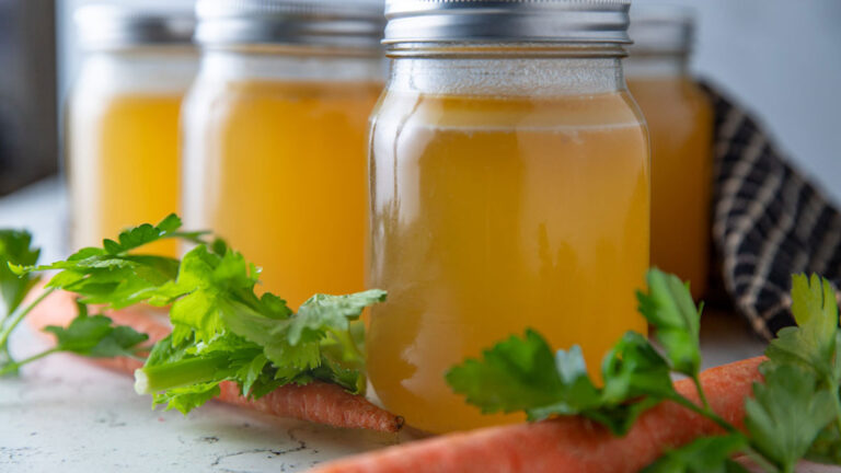 Chicken broth in a jar.