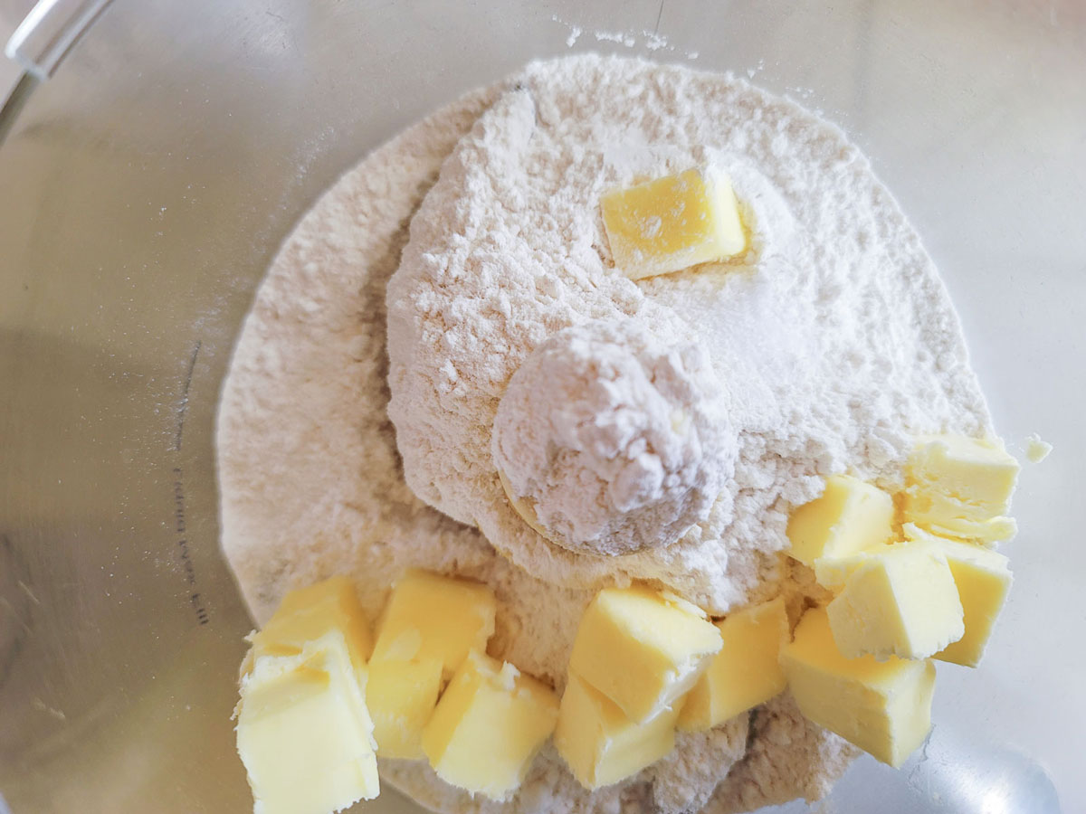 Butter added to the flour.