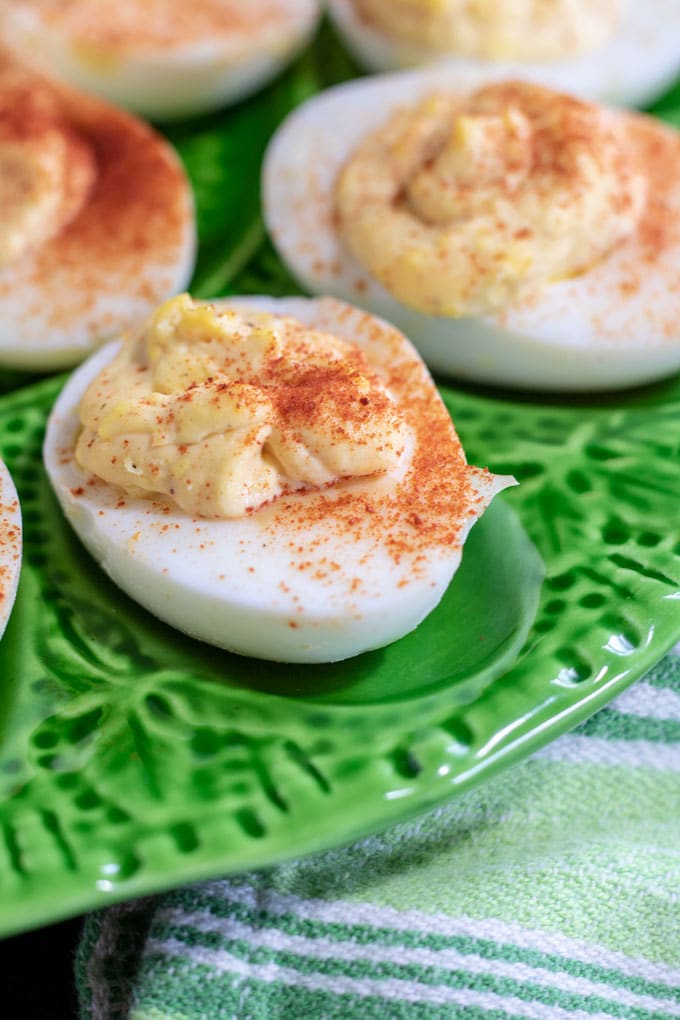 close up deviled eggs with smoked paprika