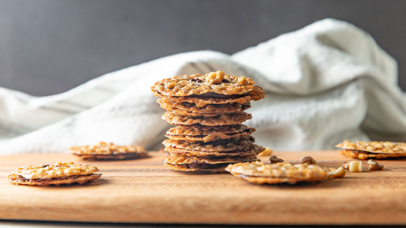 Stacked lace cookies.