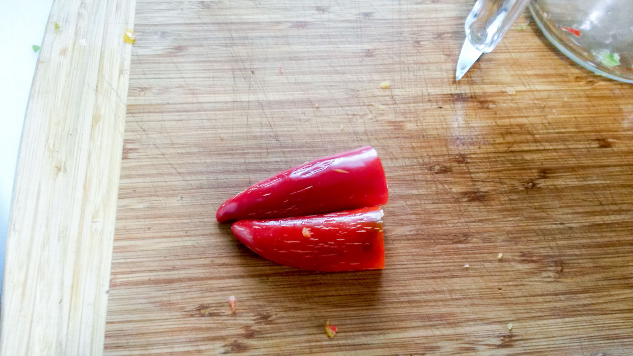 Halve peppers, remove seeds. Ct the stem off.