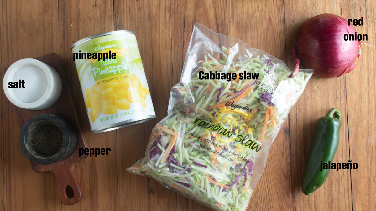 Ingredients for pineapple slaw. See details in recipe below.