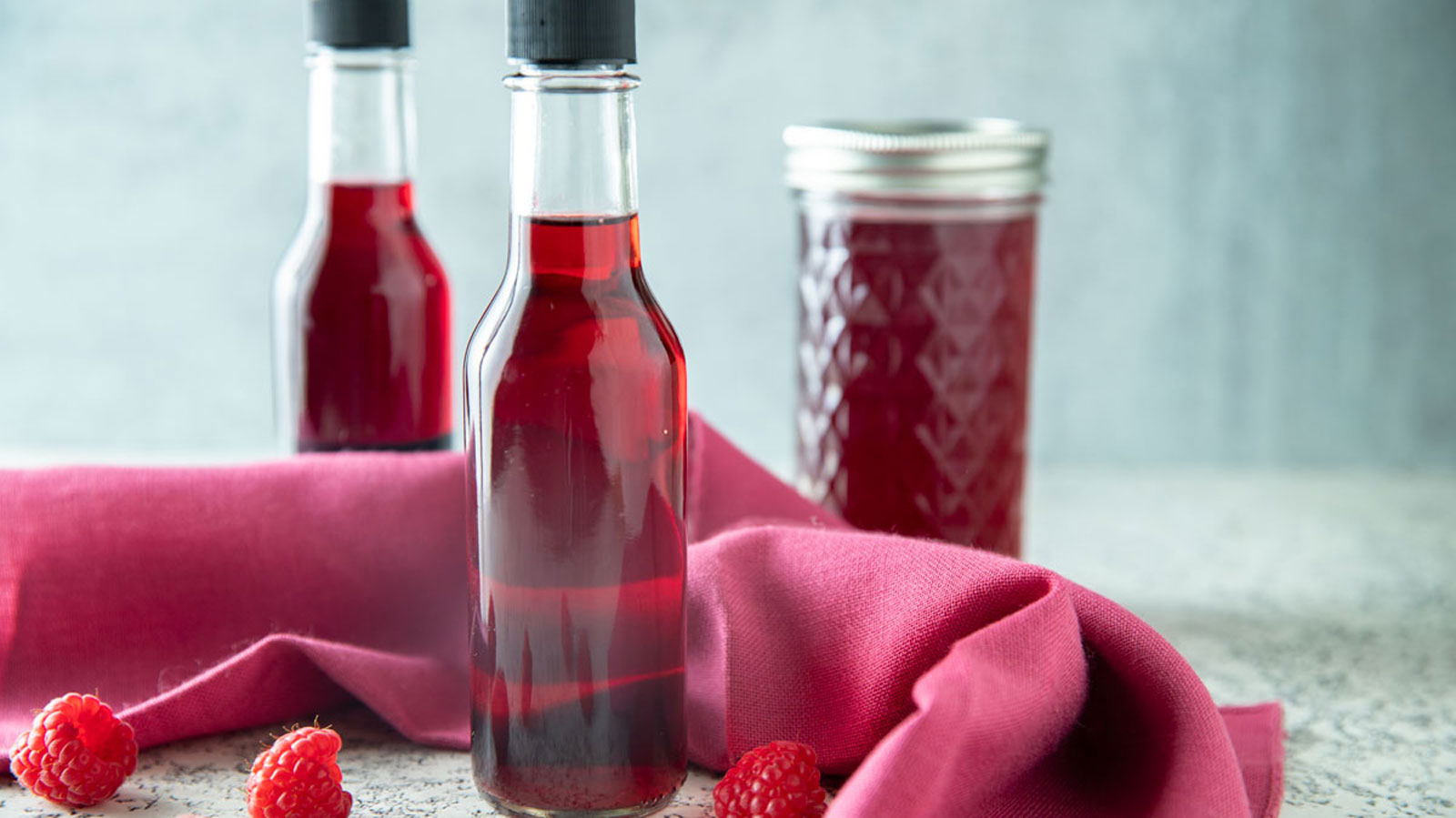 Bottles of raspberry vinegar.