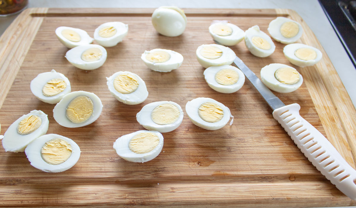 Hard boiled eggs cut in half.