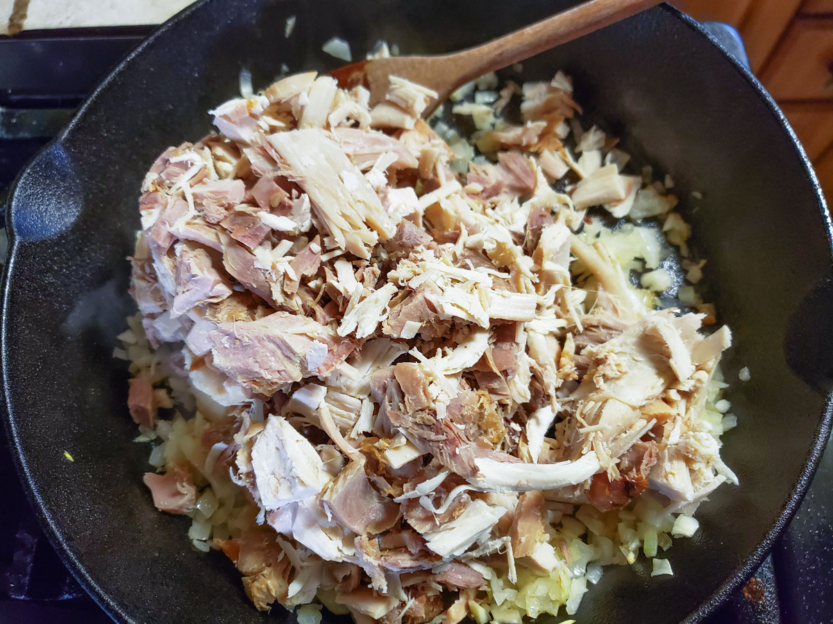 Meat added to the vegetables.
