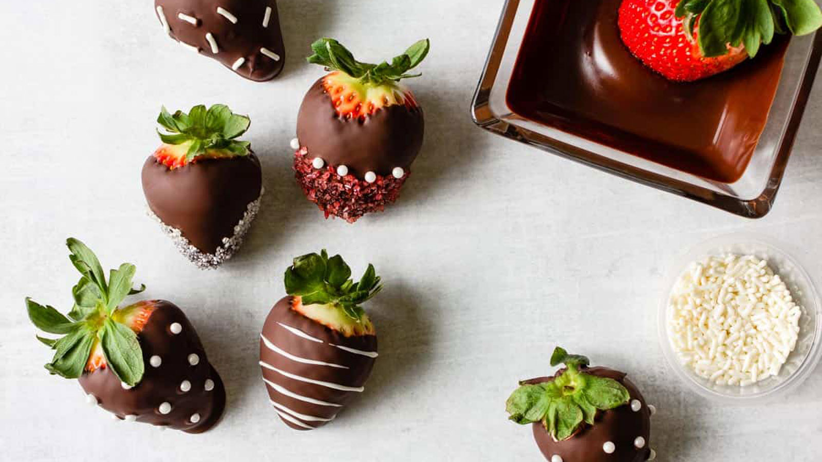 Strawberries covered in chocolate.