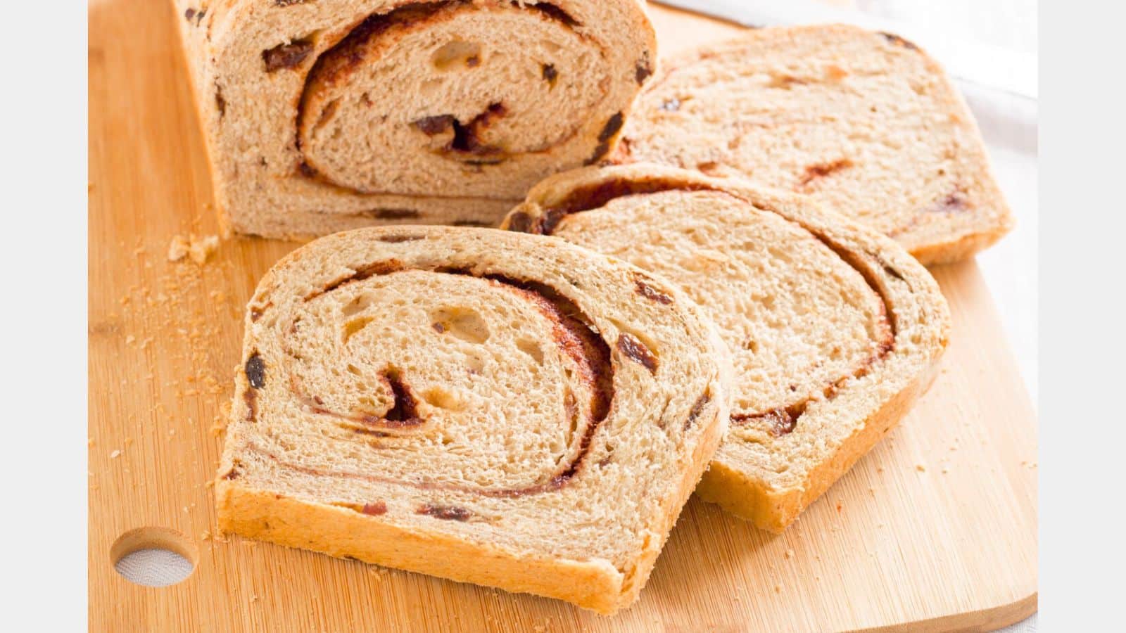 Slices of cinnamon raisin bread.