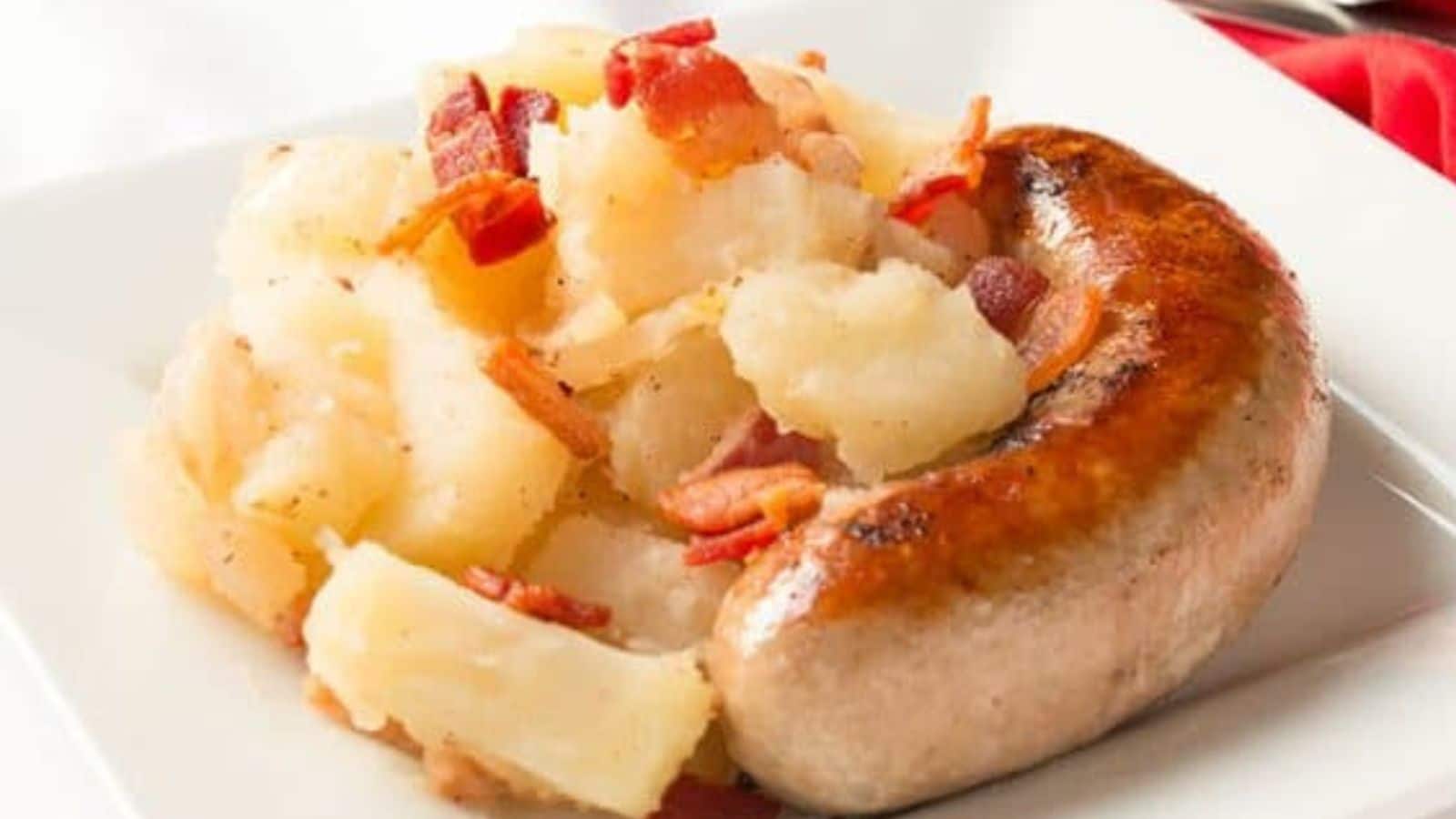 Potato salad on a white plate.