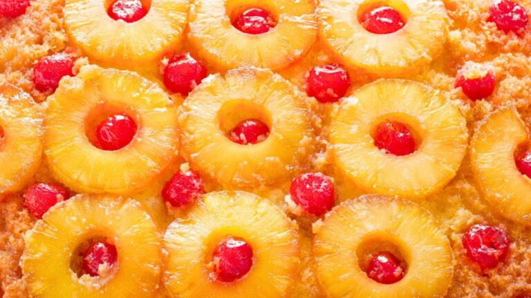 Pineapple upside down cake on a plate.