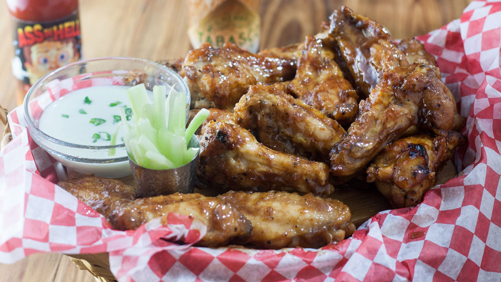 Basket of air fried chicken wings.
