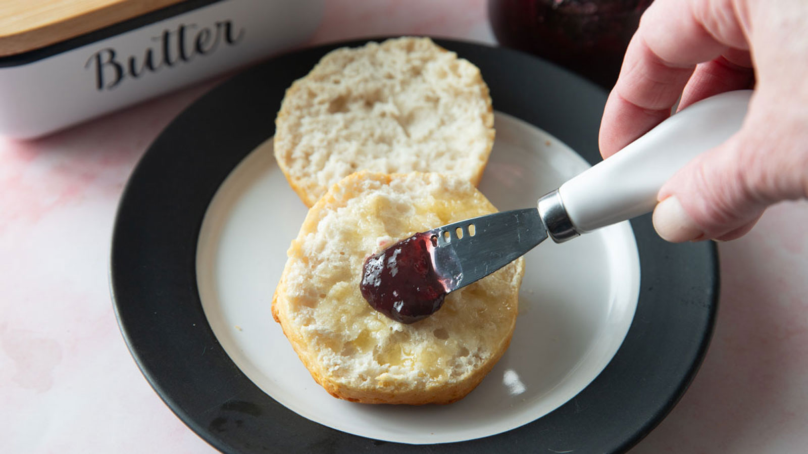 Air fryer biscuit cut in half.
