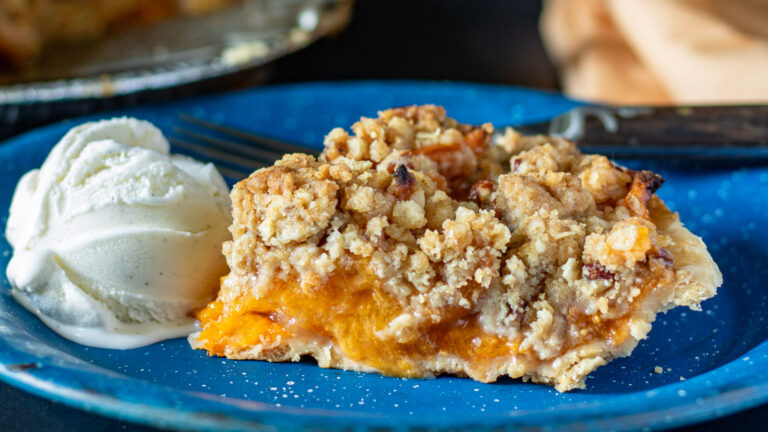 Slice of apricot pie on vintage blue enamel plate.