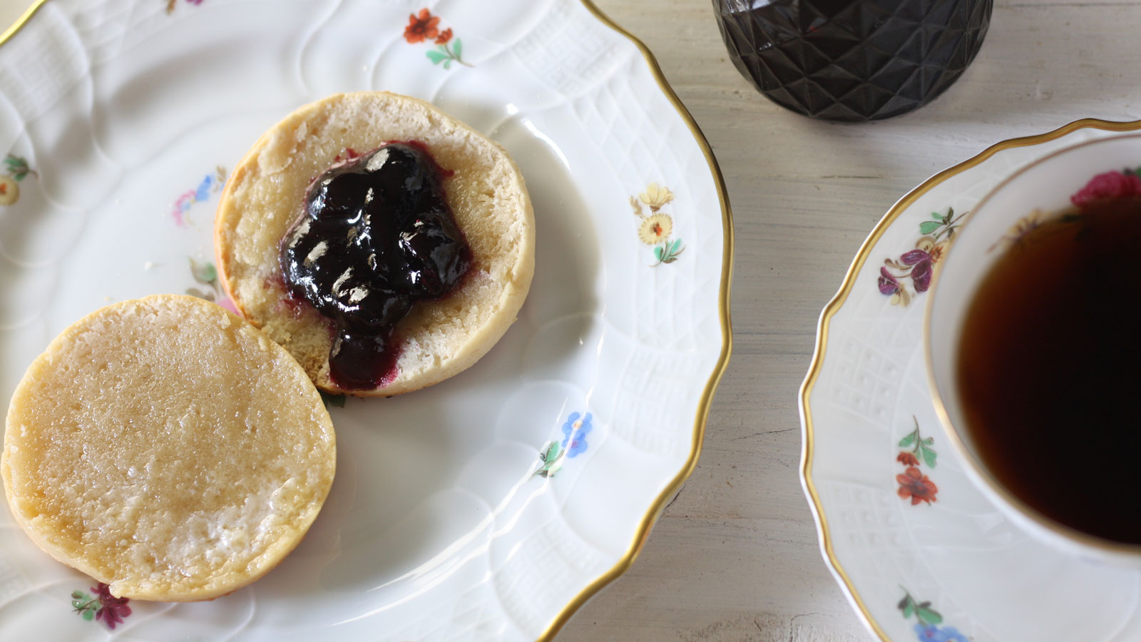 Blueberry Jam on a homemade English muffin.