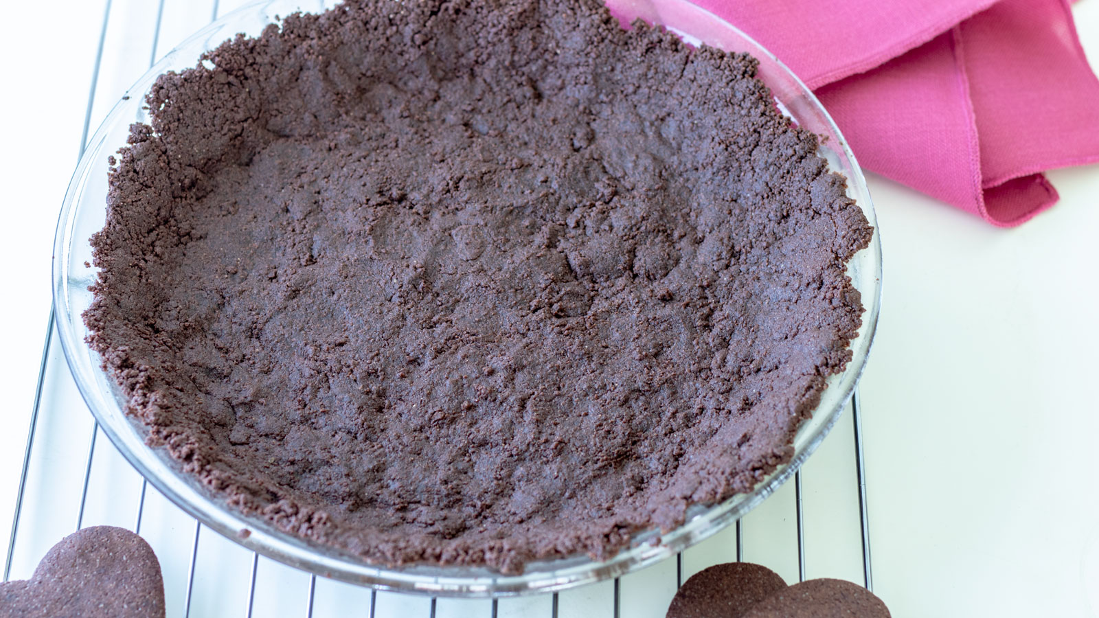 Chocolate wafer crust on pie dish.