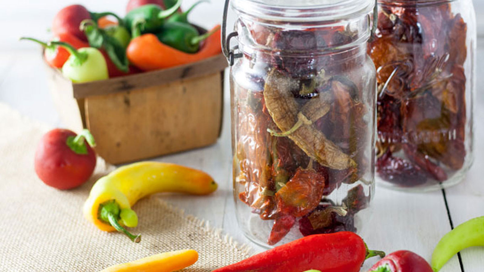 Dried peppers in glass canning jars