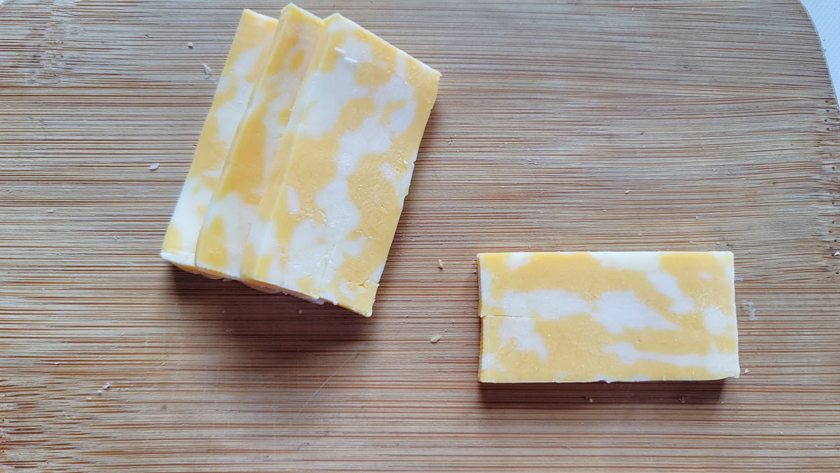 Rectangles cut from the cheese.