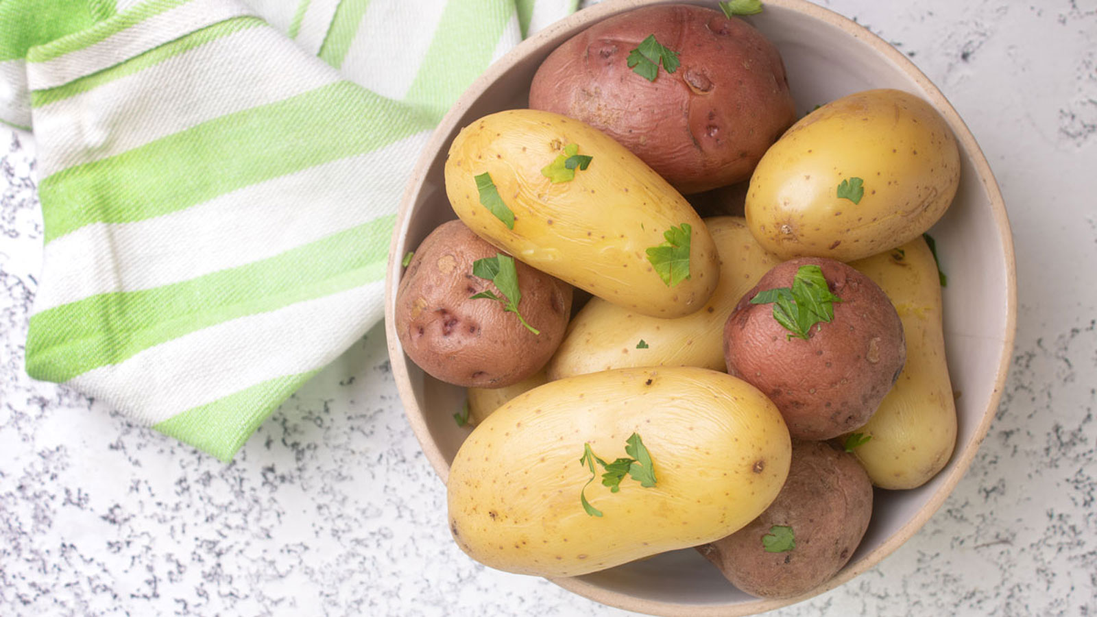 Overhead photo of bowl of potatoes.
