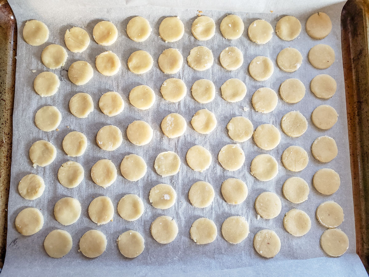 Dough on baking sheet covered with parchment paper.