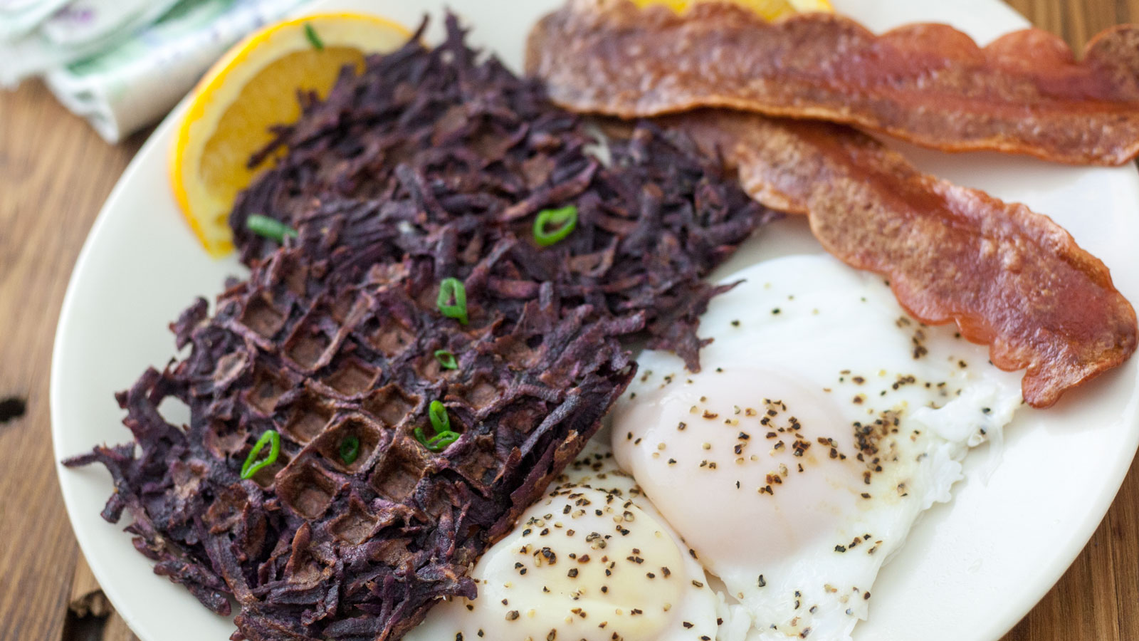 sweet potato waffles with egg and bacon