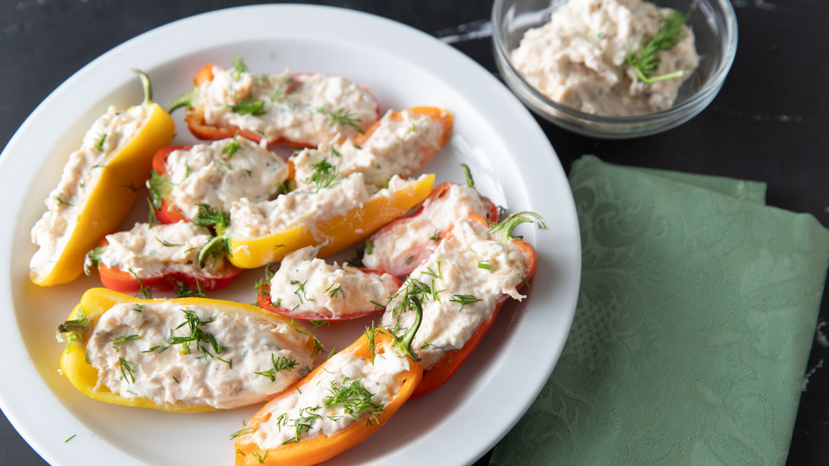 Smoked salmon dip filled mini bell peppers.
