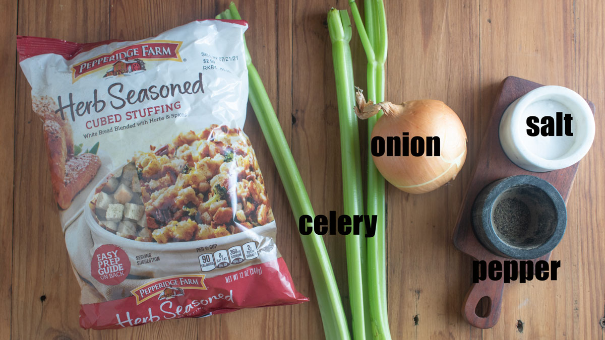 Ingredients for smoked stuffing. See details in the recipe below.