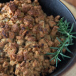 Cast iron skillet with crispy stuffing.