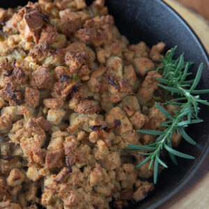 Cast iron skillet with crispy stuffing.