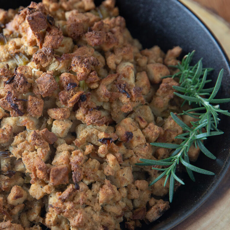 Cast iron skillet with crispy stuffing.