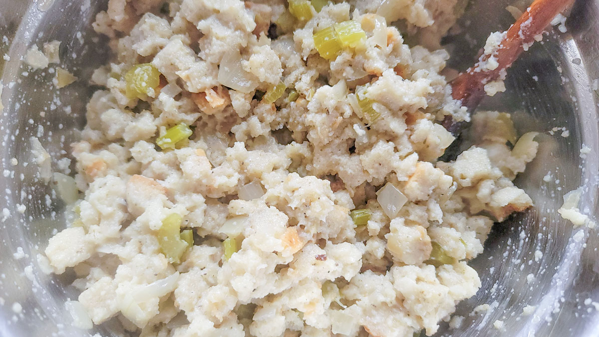 Mixed up stuffing in a bowl.