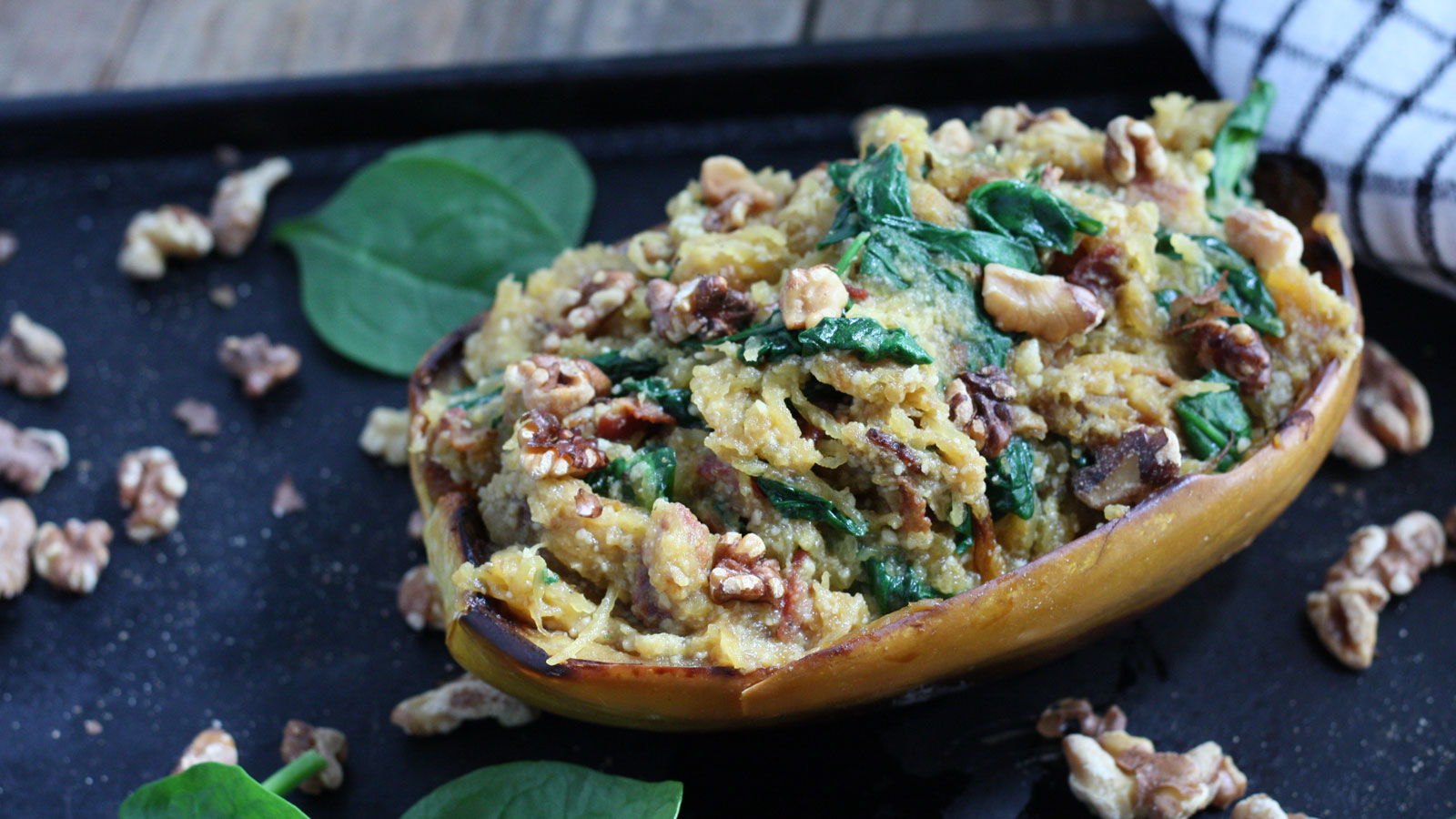 Squash boat with parmesan spinach anf bacon.