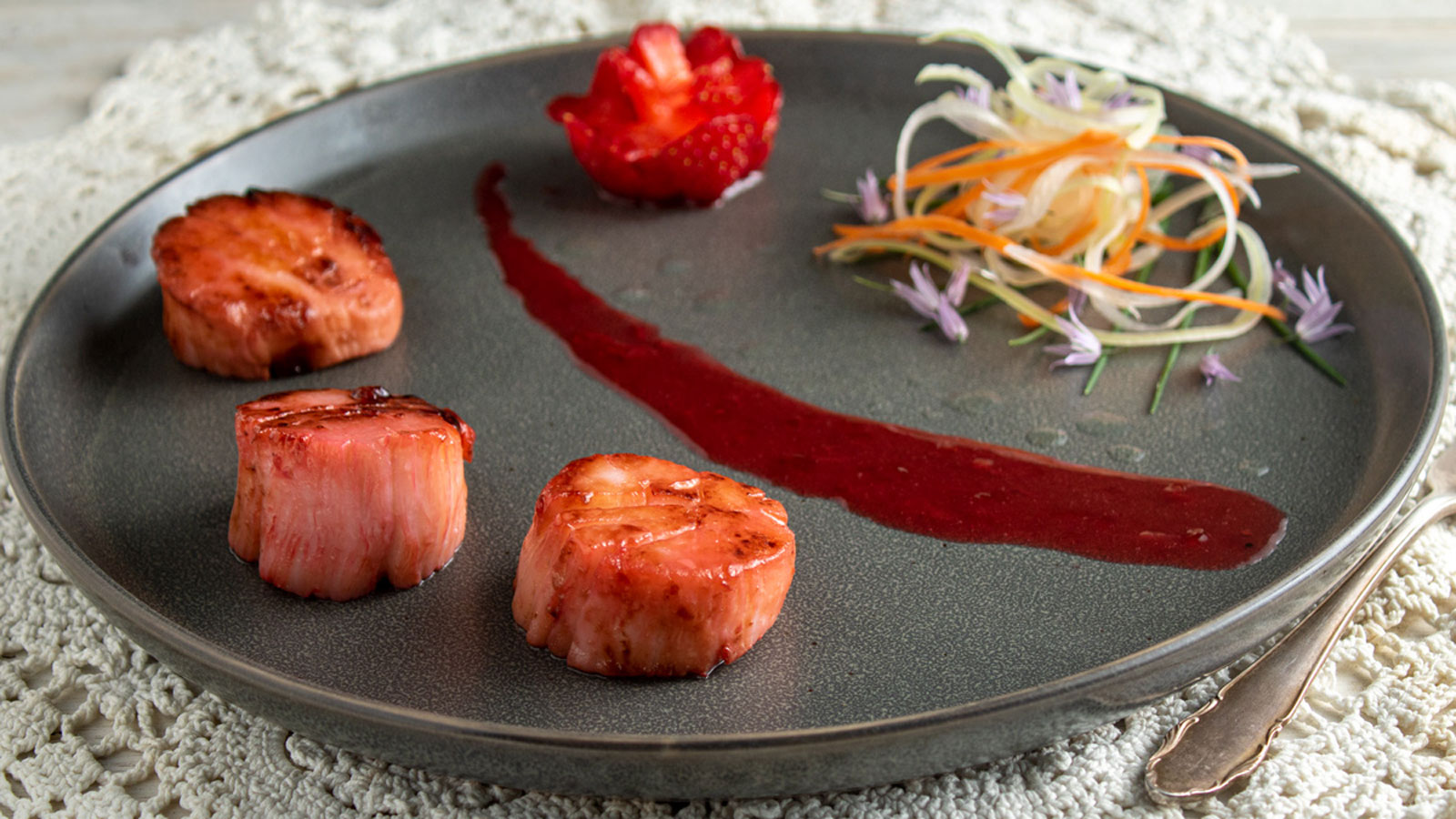 Three pieces of strawberry scallops.