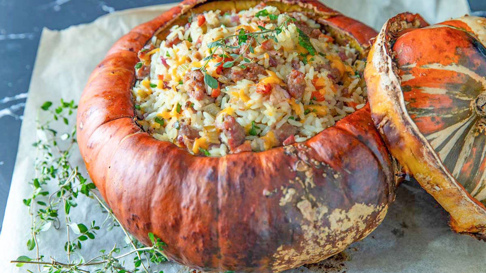 Stuffed turban squash with cap.
