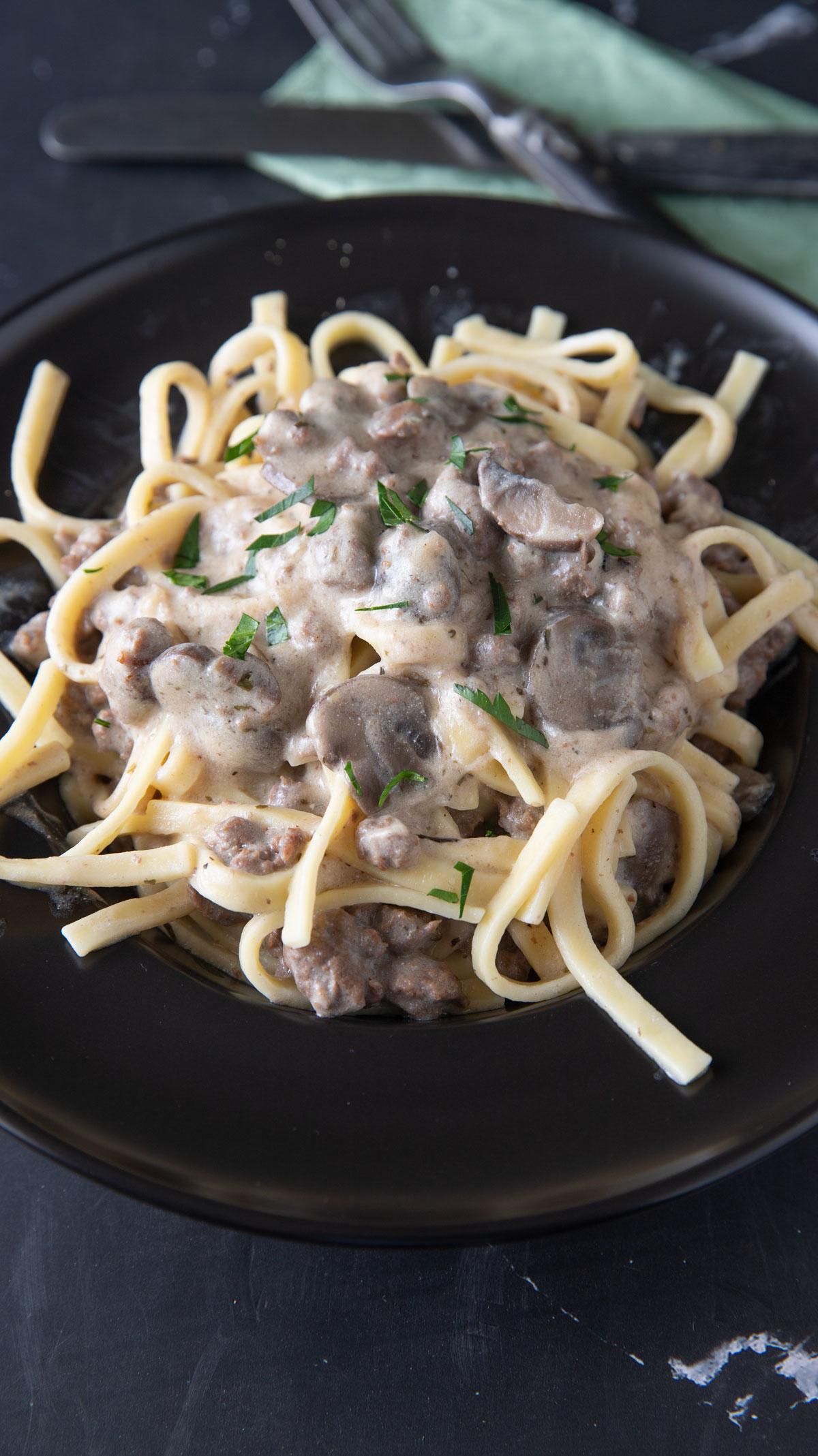 Strogonoff in a black bowl.