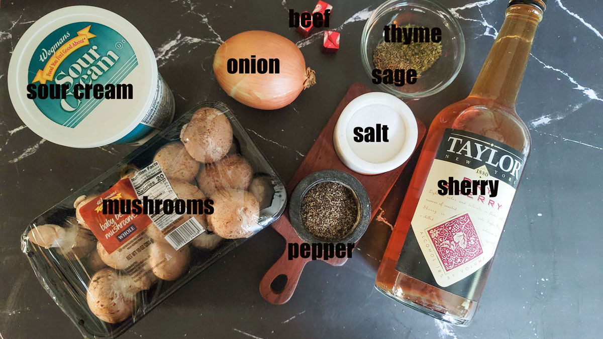 Ingredients for venison stroganoff. See details in recipe below.