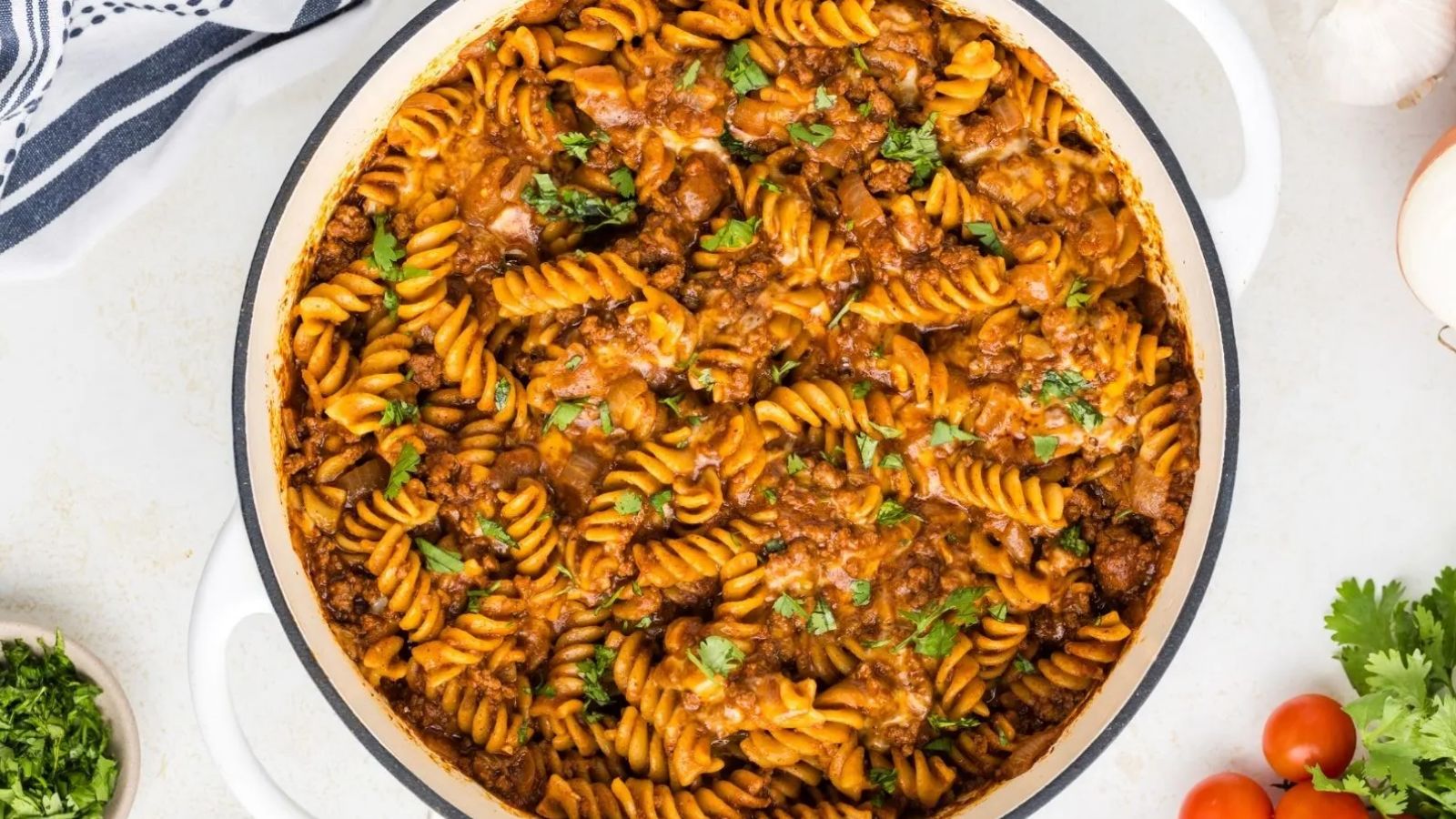 Beef enchilada pasta in a pot.