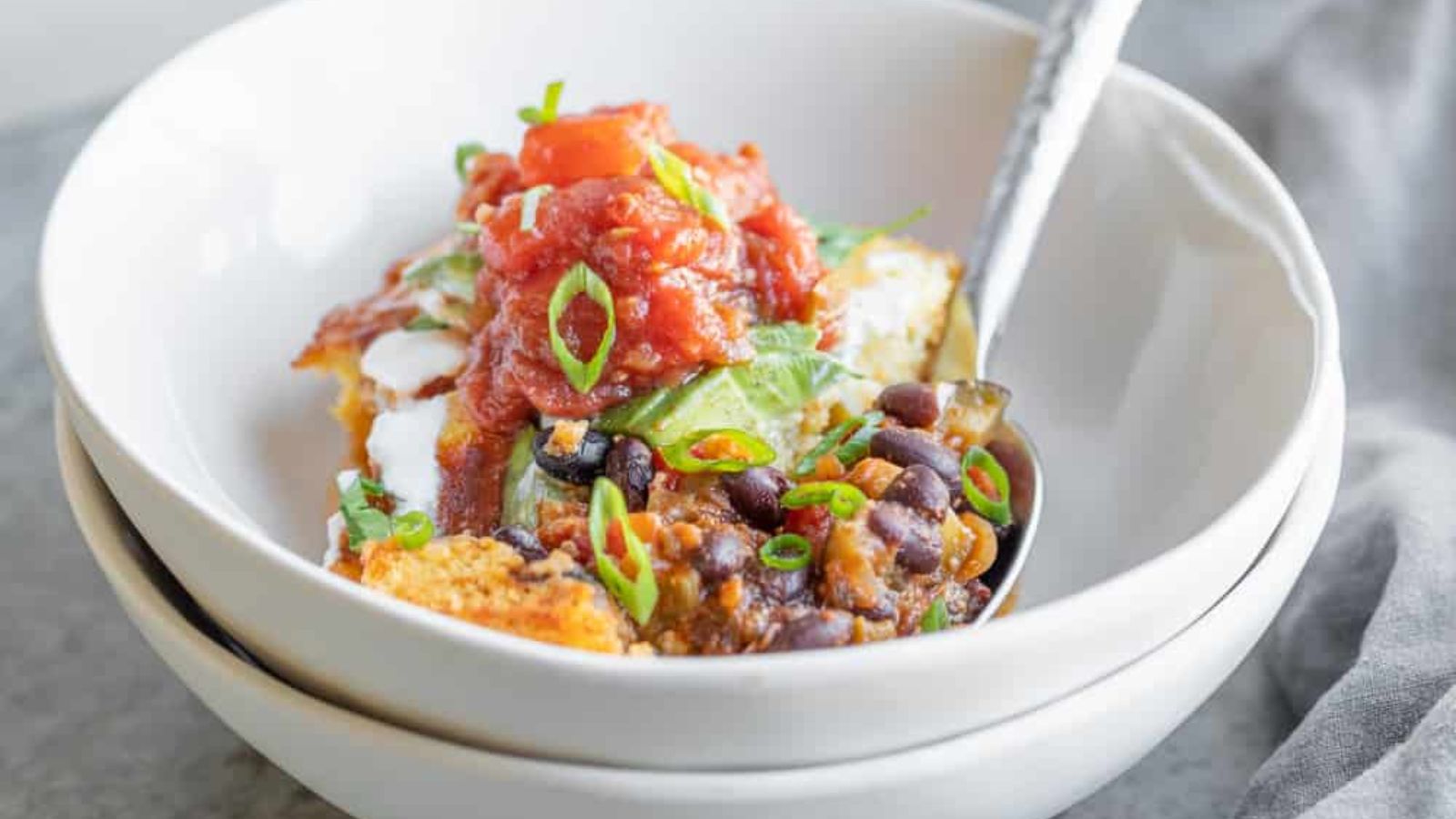 Black bean tamale pie in a bowl.