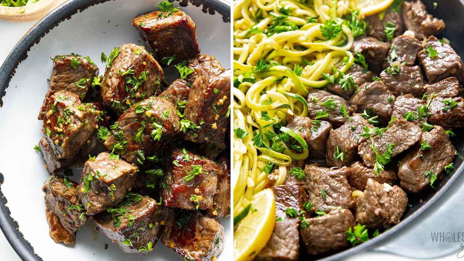 Garlic butter steak bites on a plate.