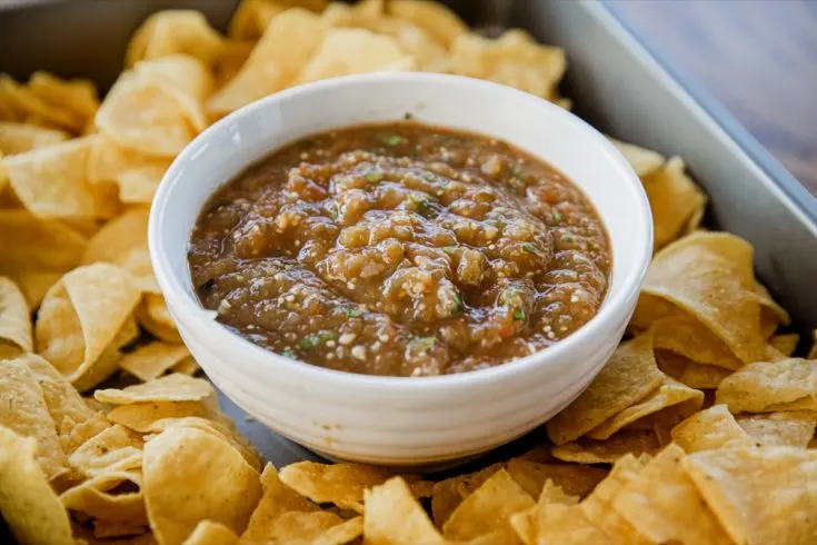 White bowl of salsa surrounded by chips.
