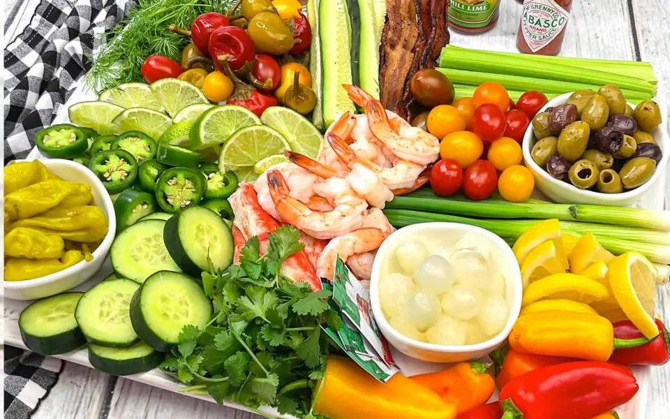 Colorful bloody Mary charcuterie board.