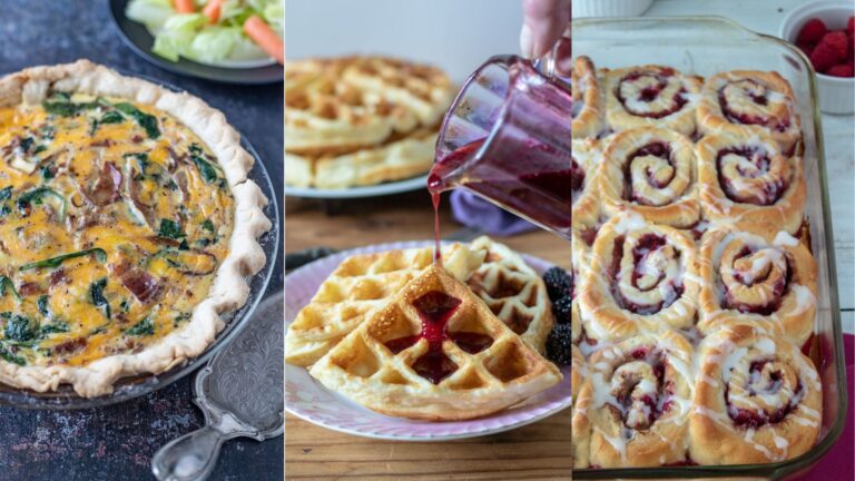 Collage of breakfast foods.
